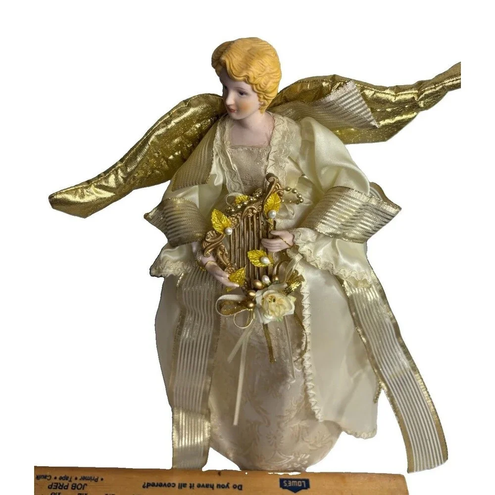 Vintage Porcelain Christmas Tree Topper Angel Gold Wings Harp 16” Ivory Decor